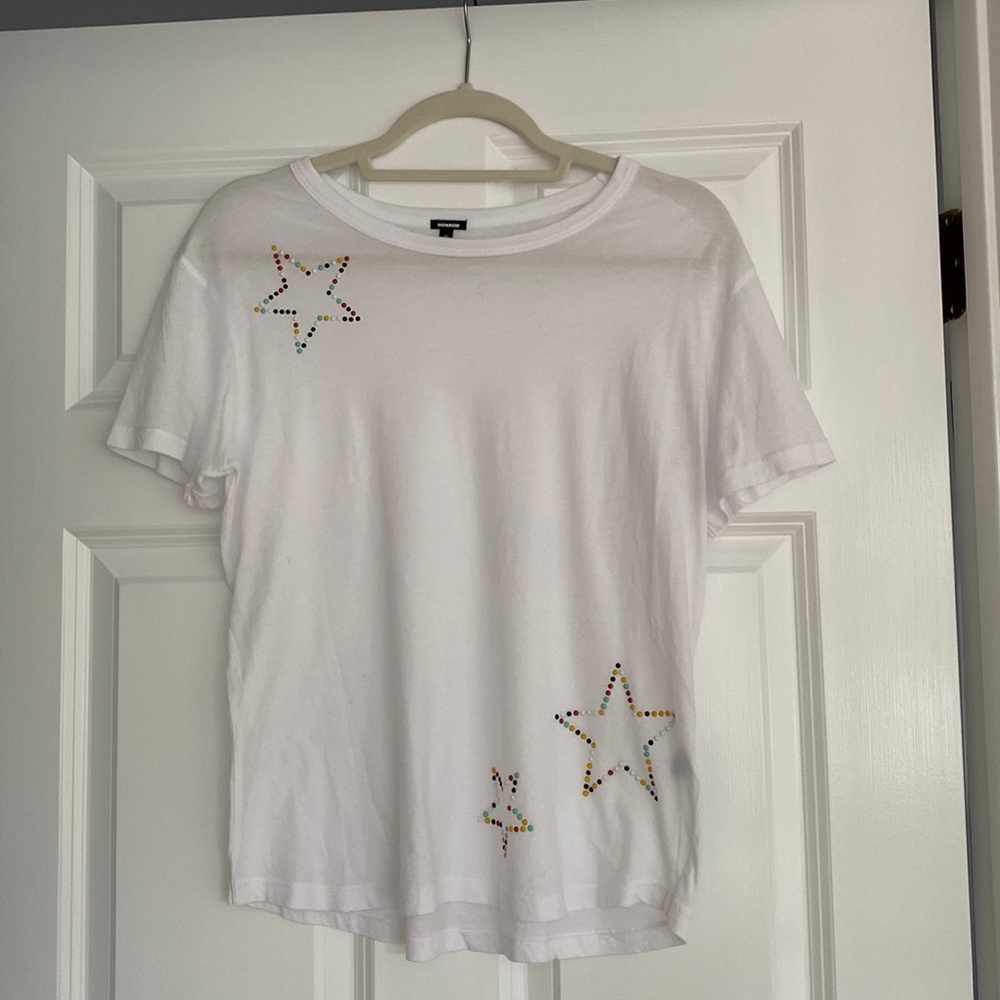 White Short Sleeve Tee with Multicolor Star Studs